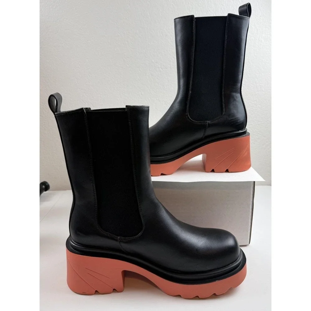 Vivianly Black Chelsea Boot Lug Sole Platform Chunky Heel Slip On Boot Sz 38/7.5